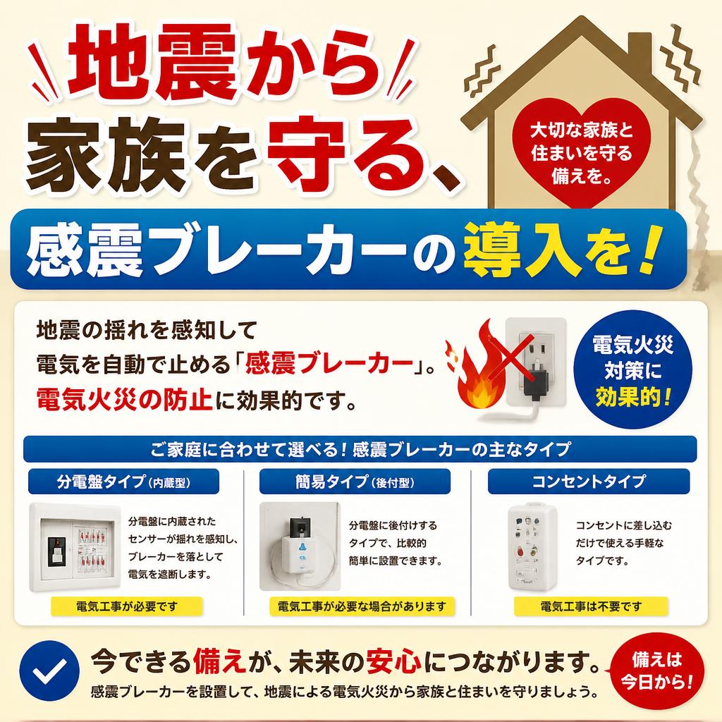 地震から家族を守る、感震ブレーカーの導入を！